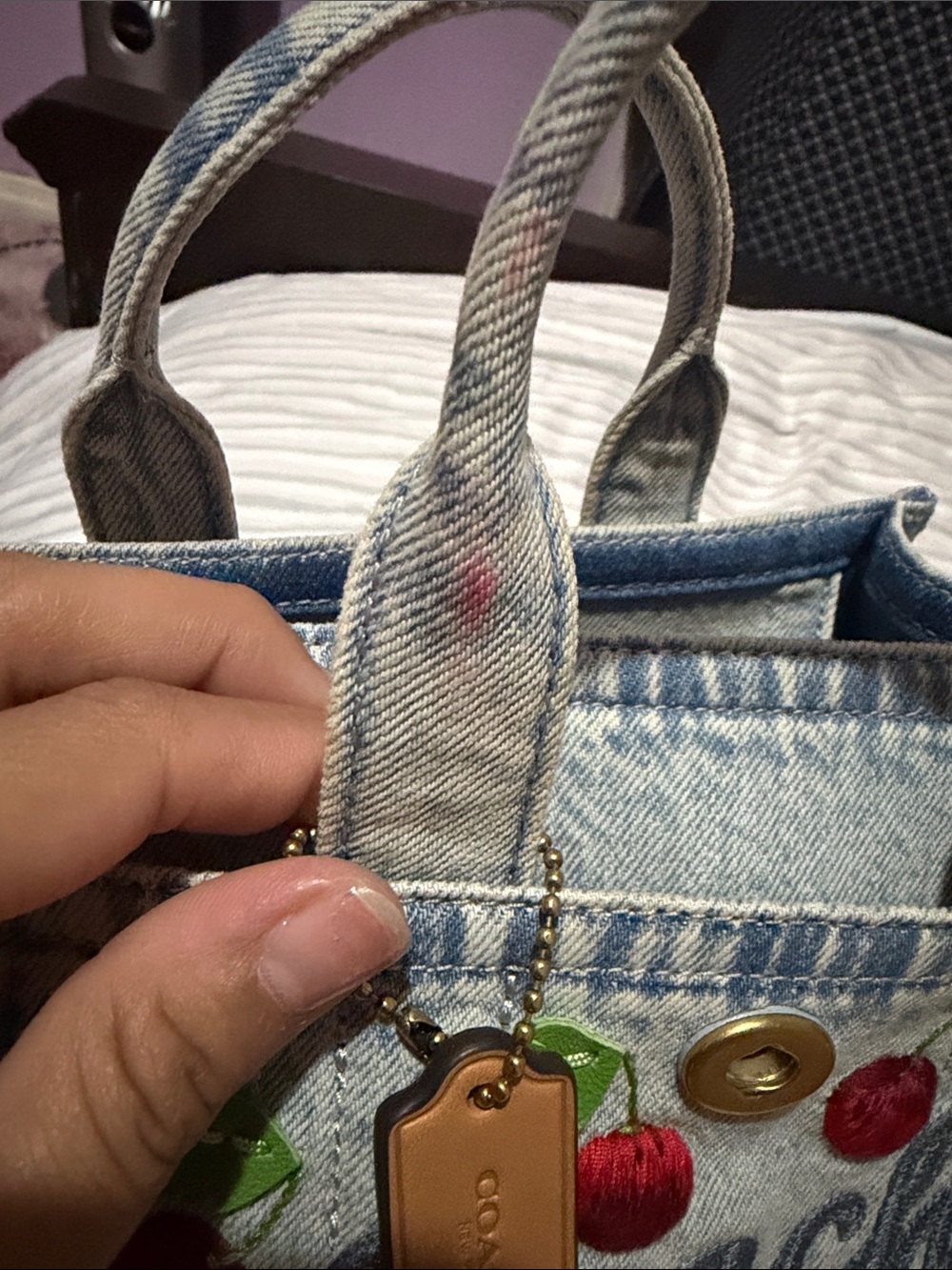 Coach Denim Cherry Embroidered Tote - Picture 6 of 9